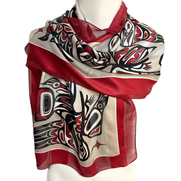 Bill Helin Indigenous Art Silk Scarf – Red & Black – 19” x 56” - Picture 1 of 10